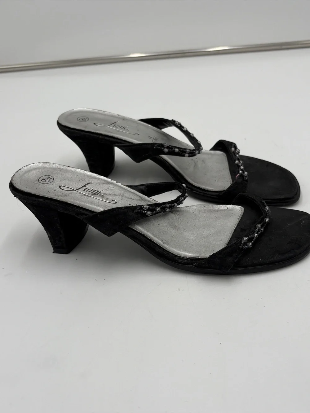 Vintage Y2K Fairycore Fioni Black Sandal Kitten Heels Beaded Women’s Size 8.5
